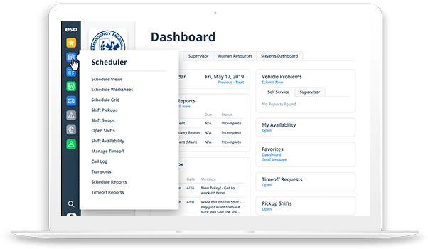 A laptop screen displaying the ESO software dashboard with a sidebar menu open, showing scheduling options.