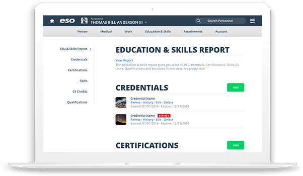 A laptop screen showing personnel training records listed in the ESO software interface.